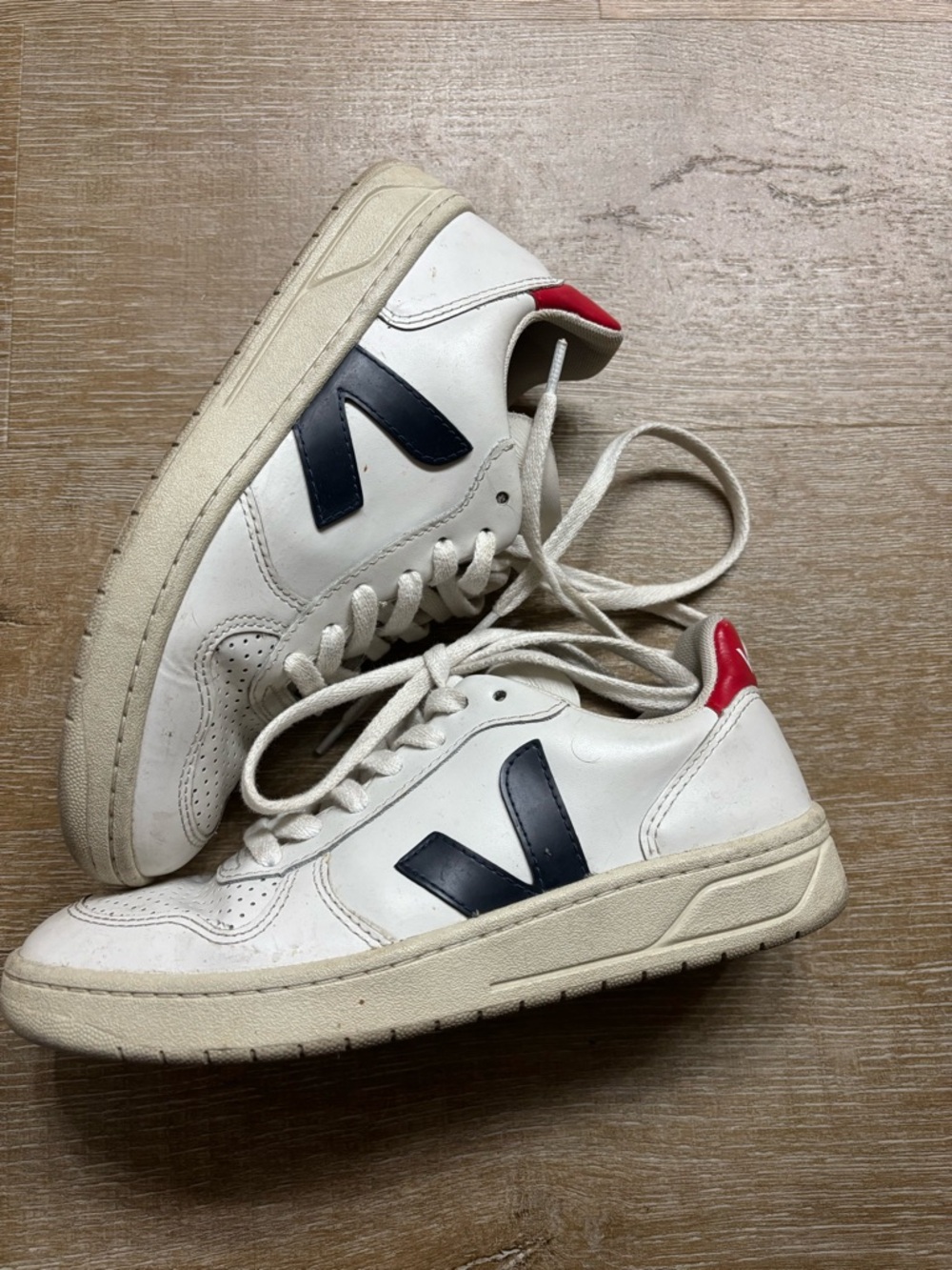 Veja White Sneakers with Red Heel and Navy Logo